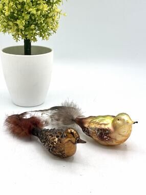 2 Vintage Mercury Glass Bird Ornaments Feather Tail Glitter Christmas No Clips